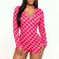 Women Romper Overall Slim Fit Love Heart Print V Neck Long Sleeve Playsuits Sexy Bodysuit Pajama for Valentines Day