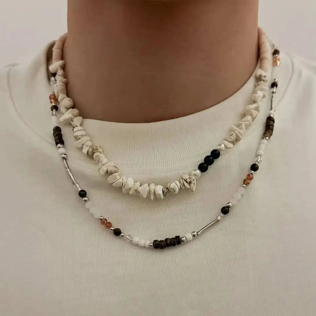 2pcs New Trendy Natural Stone Chain Necklace Set for Men Hip Hop Double Layer Wooden Beaded Choker Jewelry on the Neck