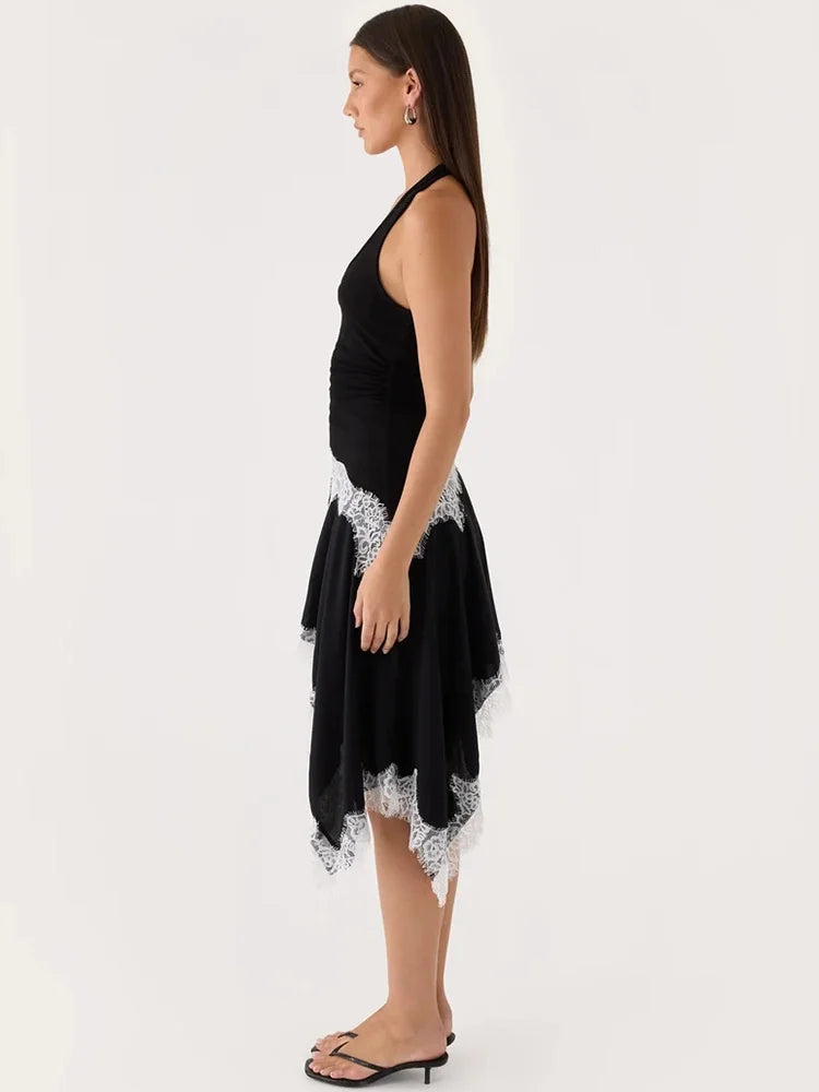 Halter Backless Sexy Midi Dress Women Fashion Elegant Lace Irregular Hem Ruched Waist Sleeveless Club Party Dress
