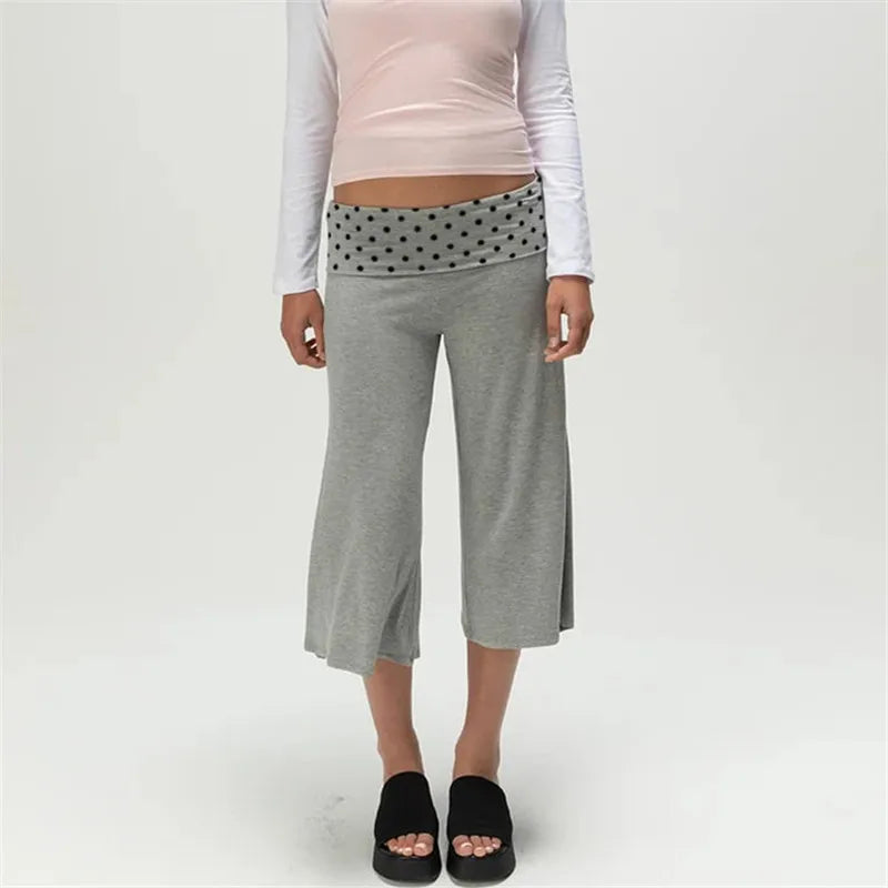 Fold Over Gaucho Pants for Women Flowy Wide Leg Yoga Capris Summer Casual Elastic Low Rise Cropped Palazzo Culottes
