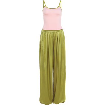 High Street 2 Piece Set Woman Color Blocking Low-Neck Backless Navel Exposed Camisole+Straight Pants Casual Fashion Suit