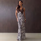 Abstract Zebra Print Black Lace Dresses Spaghetti Strap V Neck Backless Maxi Dress Sexy Vacation Outfits