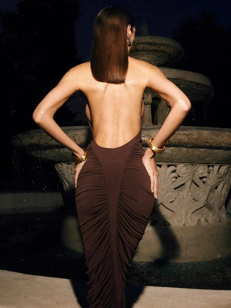 Turtleneck Backless Ruched Sexy Maxi Dress Women Brown Off-shoulder Backless Bodycon Club Party Long Dresses Female