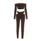 Tight Women 2 Piece Set Slash Neck Crop Tops+High-Waist Hollow Leggings Matching Streetwear Casual Sporty Outfits