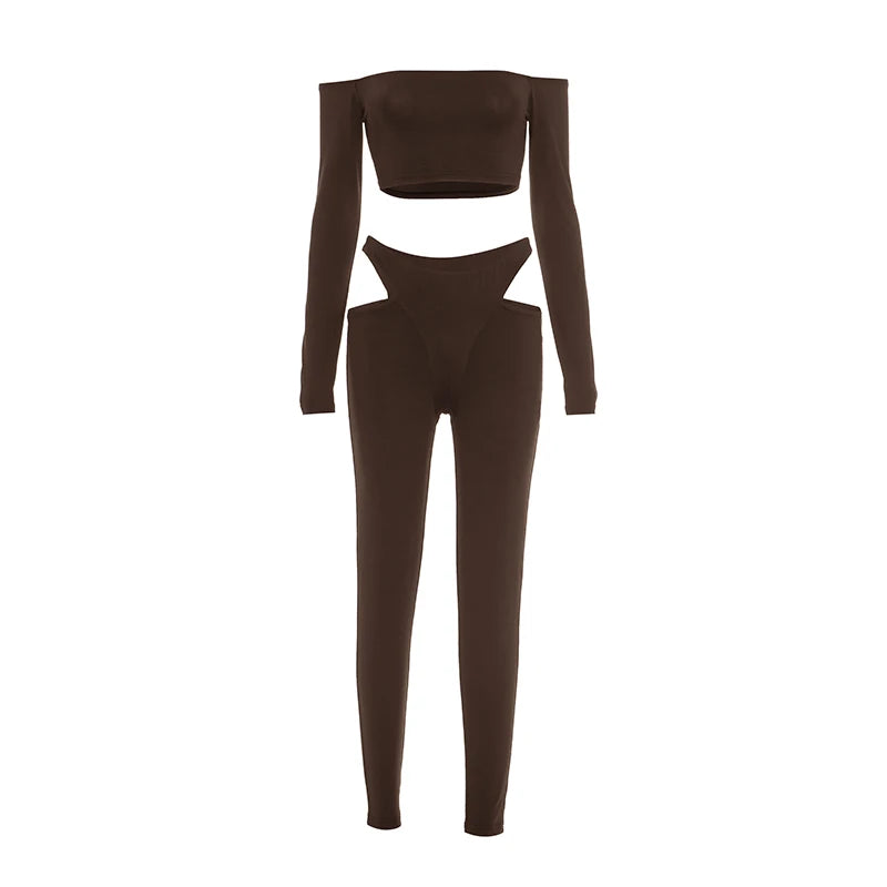 Tight Women 2 Piece Set Slash Neck Crop Tops+High-Waist Hollow Leggings Matching Streetwear Casual Sporty Outfits