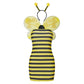 Women Bumble Bee Costume Spaghetti Strap Striped Mini Dress With Bee Wings Antenna Headband Cosplay Outfit