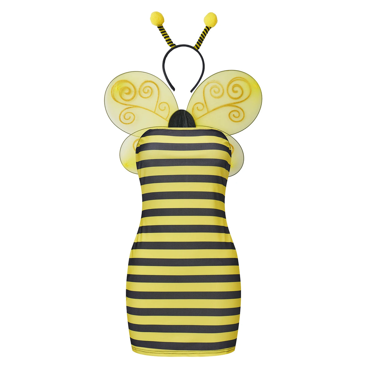 Women Bumble Bee Costume Spaghetti Strap Striped Mini Dress With Bee Wings Antenna Headband Cosplay Outfit