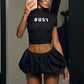 Casual 2 Piece Set Women Letter Print Shorts Sleeve Crop Tops+Puffy Skirt Simple Basic Matching Streetwear Outfits