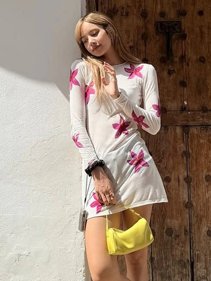 Orchid Print Dress Women See Through Full Sleeve o-Neck Skinny Autumn Simple Streetwear o-Neck Daily Basic Bodycon