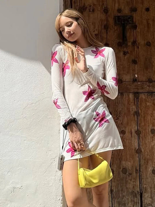 Orchid Print Dress Women See Through Full Sleeve o-Neck Skinny Autumn Simple Streetwear o-Neck Daily Basic Bodycon