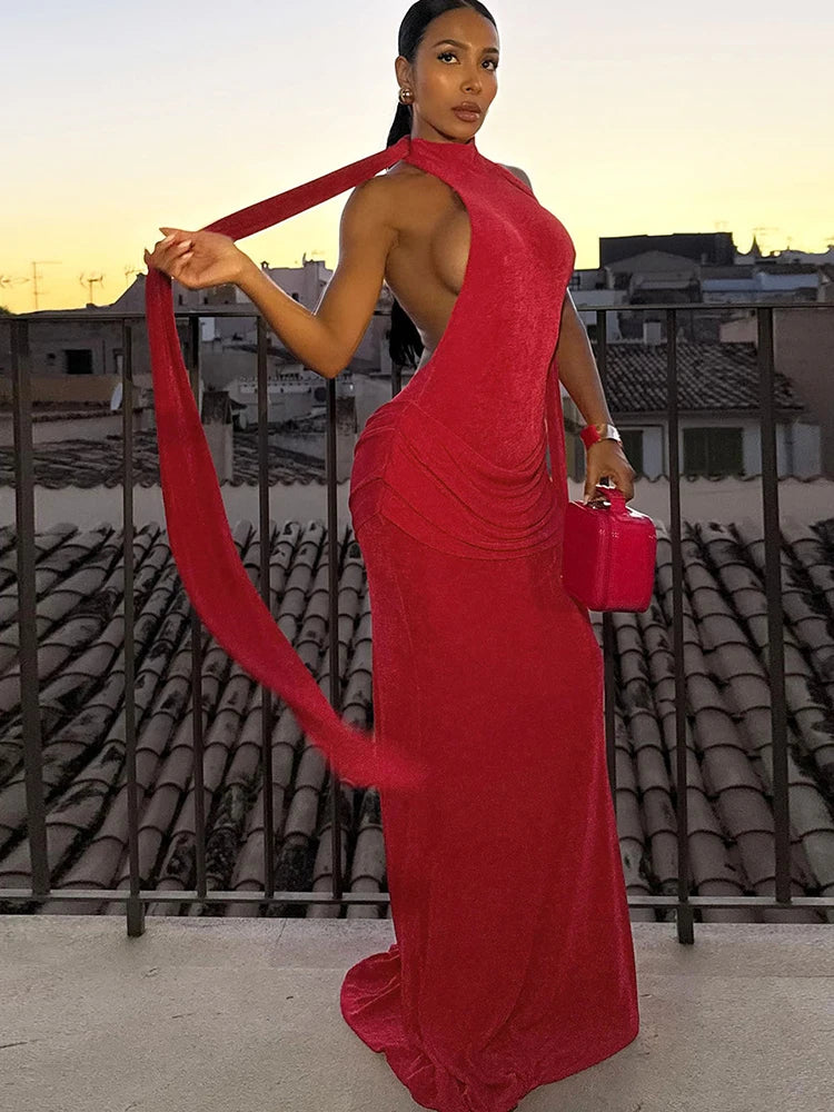Folds Maxi Dress Women Bandage Halter Long Tassel Sleeveless Backless High Elasticity Elegant Banquet Party Vestidos