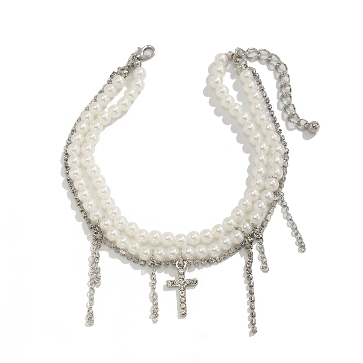 Unique Cross Rhinestone Tassels Pendant Anklet Women Elegant Multilayer Imitation Pearl Foot Chain Summer Charm Jewelry