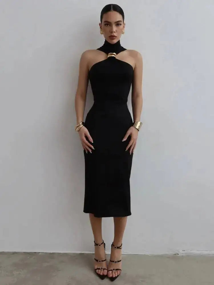 Turtleneck Off-shoulder Sexy Maxi Dress Women Gown Summer New Ring Metal Sleeveless Backless Skinny Knit Long Dress