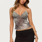 hirgin Y2K Vintage Zebra Stripe Sheer Mesh Crop Cami Women Deep V Wrap Front Scallop Hem Slim Fit Sleeveless Streetwear Tank Top