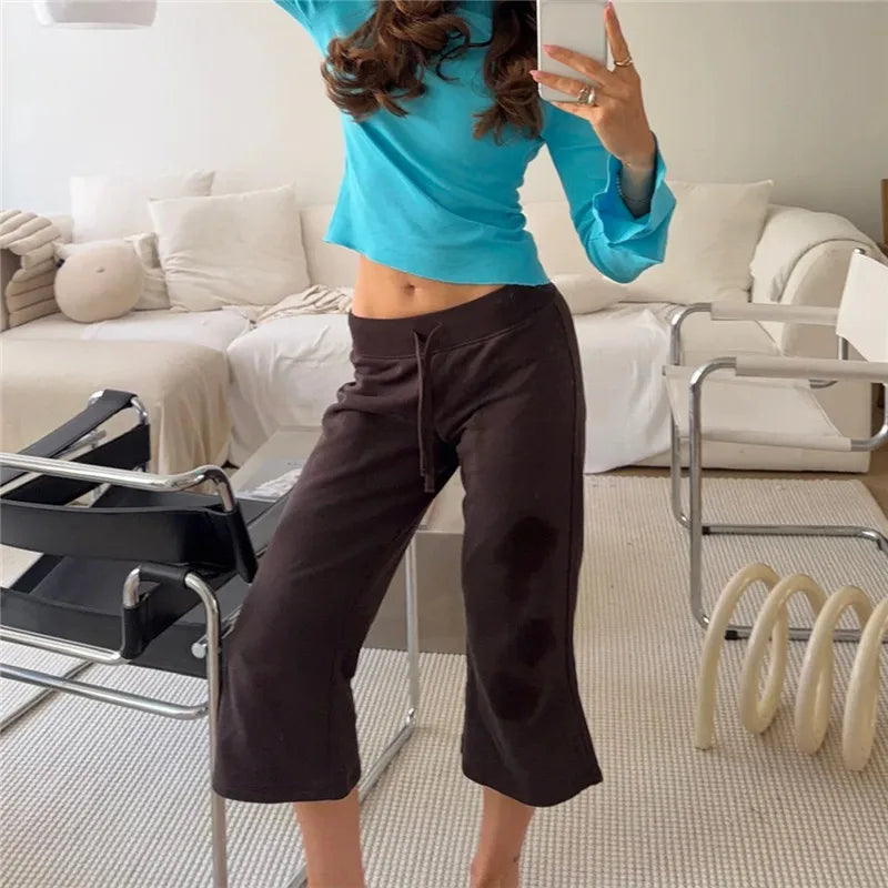 Retro Low Rise Drawstring Micro Flare Sweatpants Women Solid Color Beach Vacation Streetwear Loose Casual Cropped Trousers
