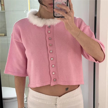 Harajuku Kawaii Furry Neck Short Sleeve Knit Crop Top Women Button Cropped Cardigan Pastel Color Soft Knit Street Outfit