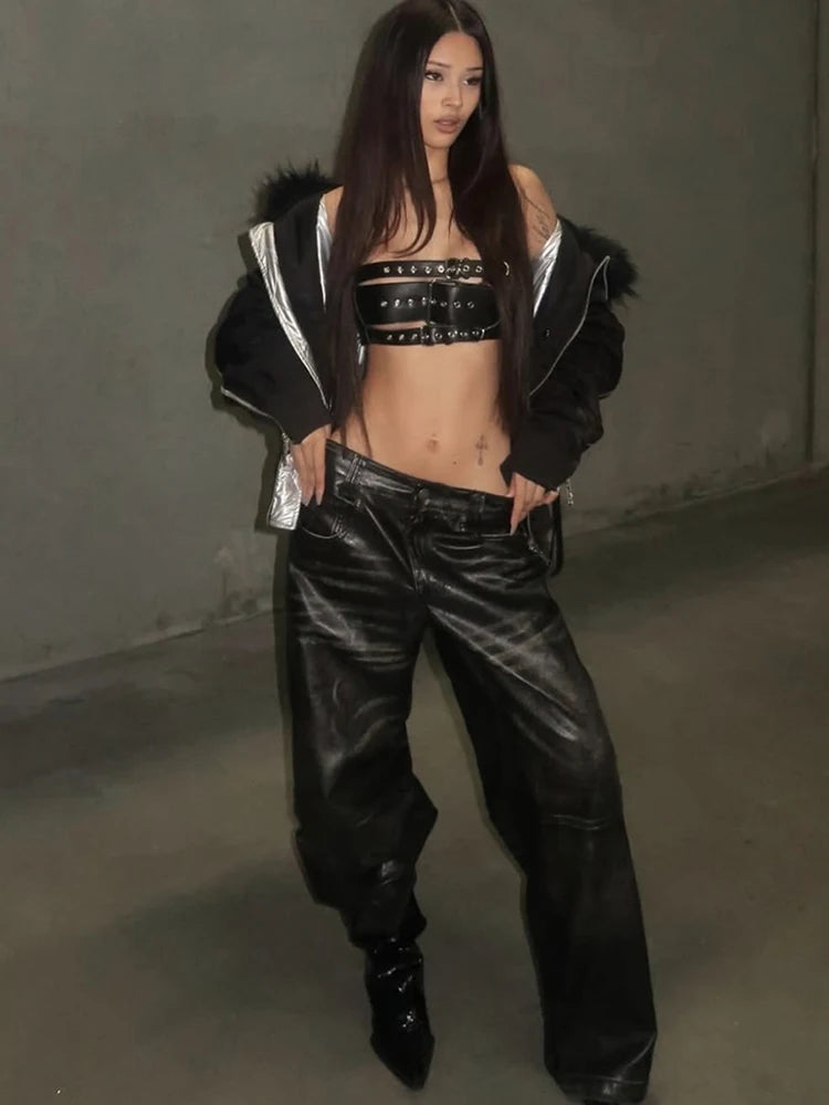 Sexy PU Leather Tank Top Women Hollow Metal Buckle Sleeveless Coquette Midnight Party Clubwear Hottie Punk Style Vest