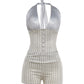 Casual Fashion 2 Piece Set Woman Halter Low-Neck Backless Single-Breasted Tank Tops+Skinny Mini Shorts Streetwear
