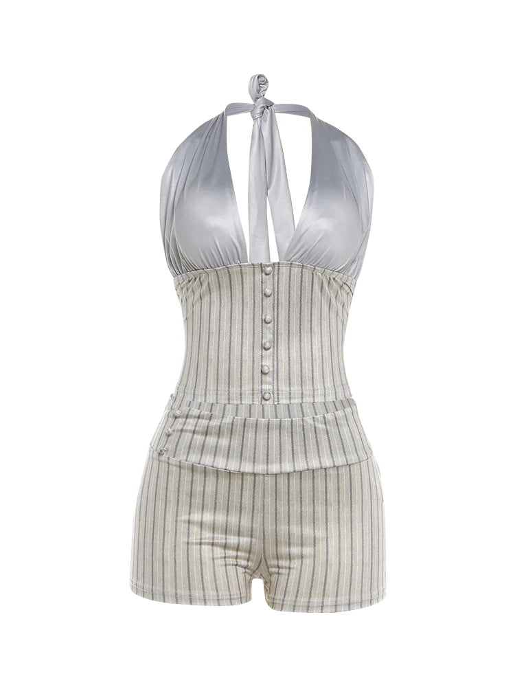Casual Fashion 2 Piece Set Woman Halter Low-Neck Backless Single-Breasted Tank Tops+Skinny Mini Shorts Streetwear