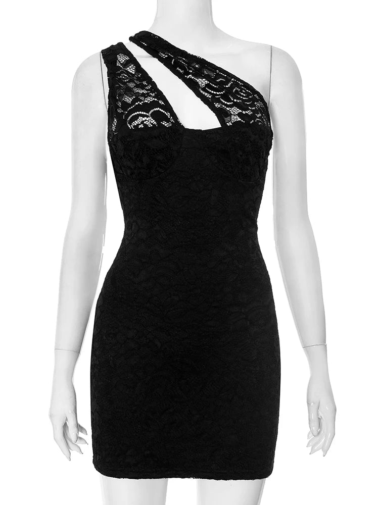 Irregular Hollow Mini Dress Women Mesh Patchwork Skew Collar Sleeveless Midnight Club Party Sexy Coquettish Outfits