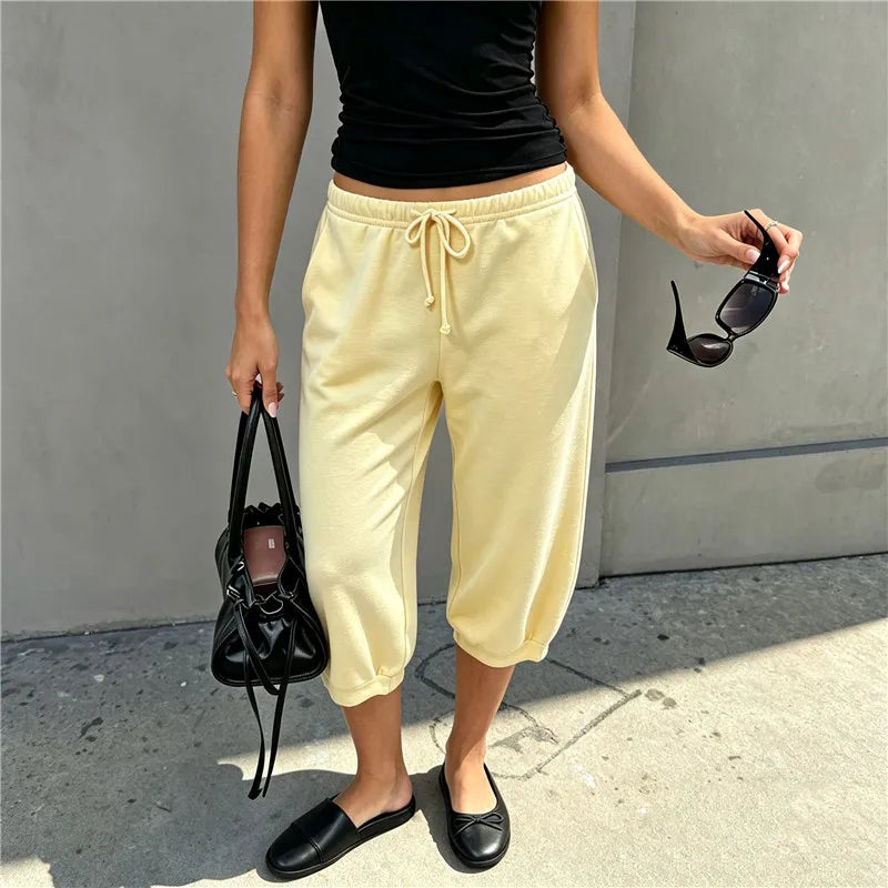 Women Loose Cropped Sweatpants Drawstring Elastic Waist Capri Jogger Trousers Casual Pants With Pockets Daily Loungewear