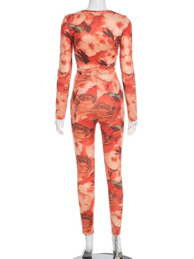 Chic 2 Piece Set Women Flowers Print Tracksuit Full Sleeve o-Neck Crop Tops+Leggings Matching Skinny Streetwear Outfits