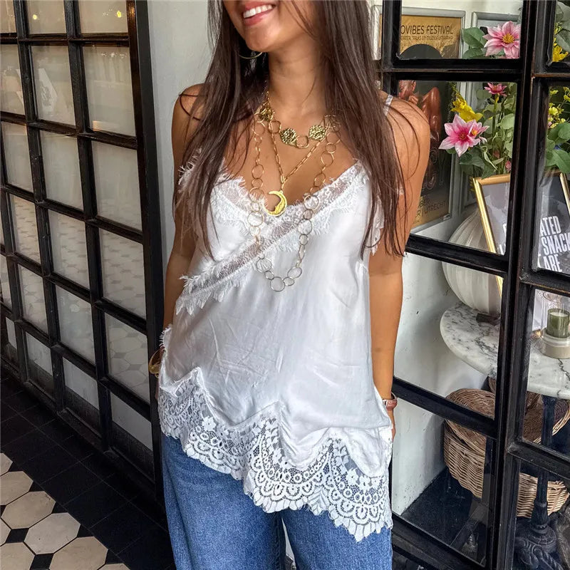 Women Y2K Lace Patchwork Camisole Low Cut Satin Sleeveless Backless Spaghetti Strap Solid Color Going Out Tank Tops