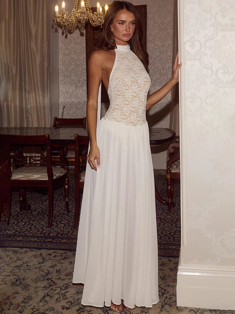 White Lace Halter Maxi Dress For Women Elegant High Neck Long Dress 2026 Summer Sleeveless Pleated Party Evening Gown