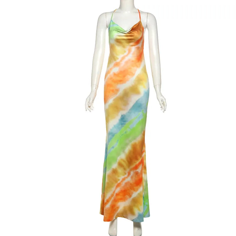 Colorful Print Cowl Neck Backless Fishtail Maxi Dress Sexy Elegant Party Dresses for Woman Clothing