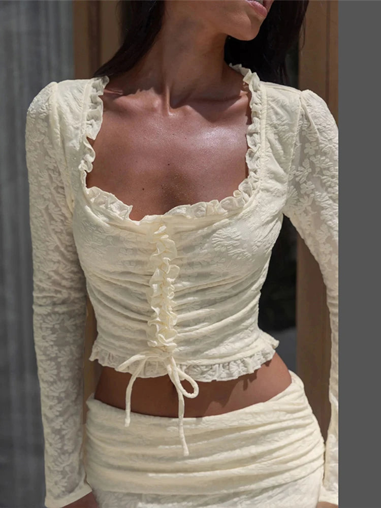 Creamy Color Style 2 Piece Set Women Ruffles Low-Neck Shirring Crop Tops+Ruched Waist Long Skirts Street Elegant Suit