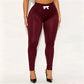 Women Solid Leggings High Waist Lace Trim Waist Ankle Hem With Bow Decor Bodycon Skinny Pants Casual Lounge Leggings