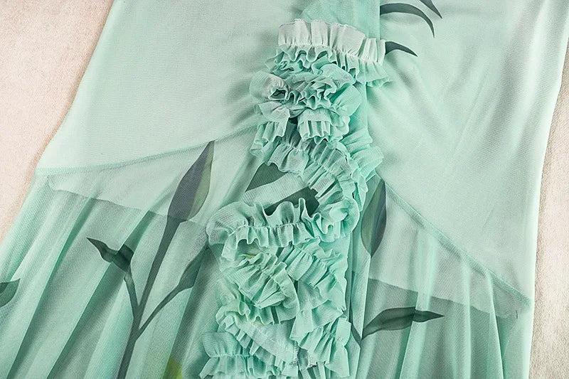 Floral Print Sling Dress+Mesh Scarf Women Sexy Hollow Sleeveless Wrap Buttocks Ruffle Hem Ruched Elegant Long Bodycon