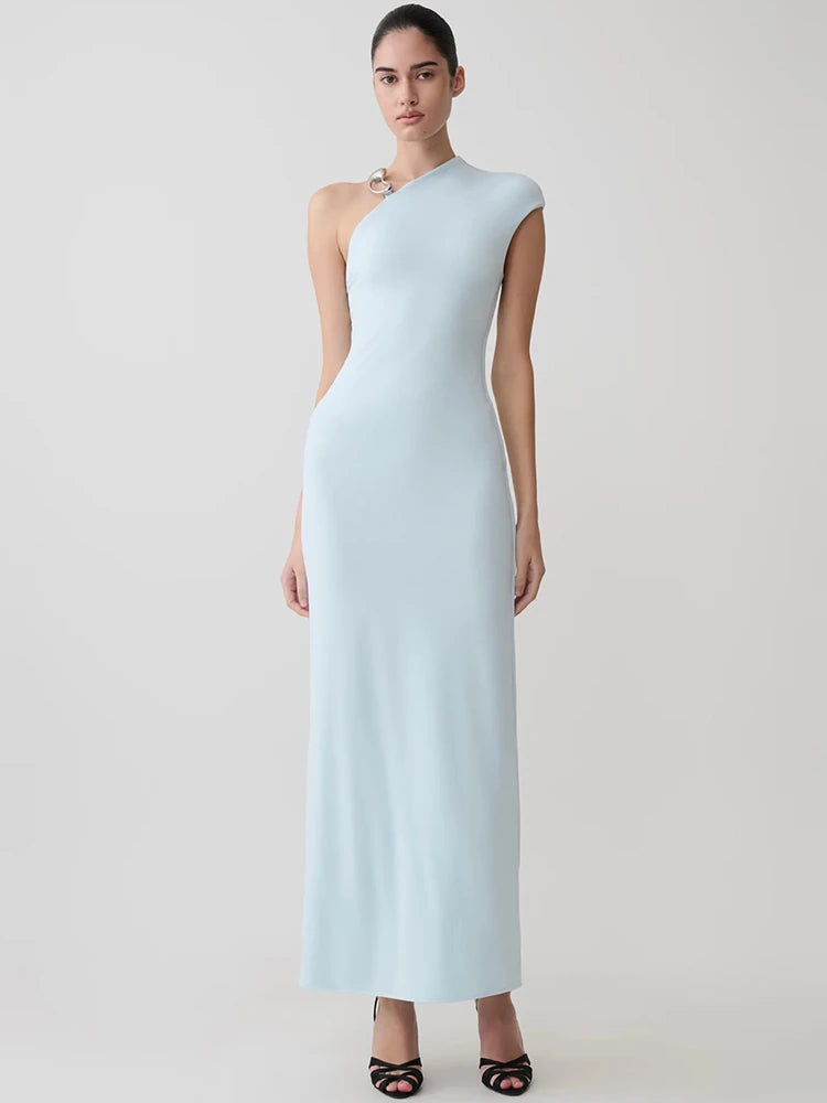 Women One‑Shoulder Metal Ring Decor Sexy Maxi Dress Sleeveless Bodycon Evening Gown Wedding Guest Party Long Dress