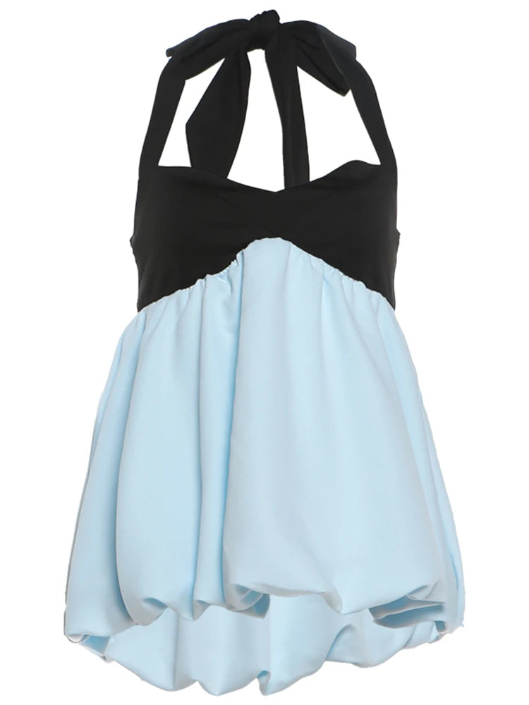 Patchwork Dress Women Halter Sleeveless Backless Folds Sweet Style Summer New Trend Street Commute Daily Mini Bodycon