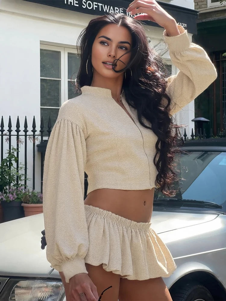 Chic Casual Stripe 2 Piece Set Women Autumn New Style Zipper Cardigan Full Sleeve Jacket+Ruched Mini Skirts Streetwear