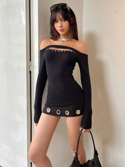 Metal Ring Hollow Dress Women Slash Neck Full Sleeve Slim Stretch Sexy Party Music Festival Skinny Midnight Mini Bodycon
