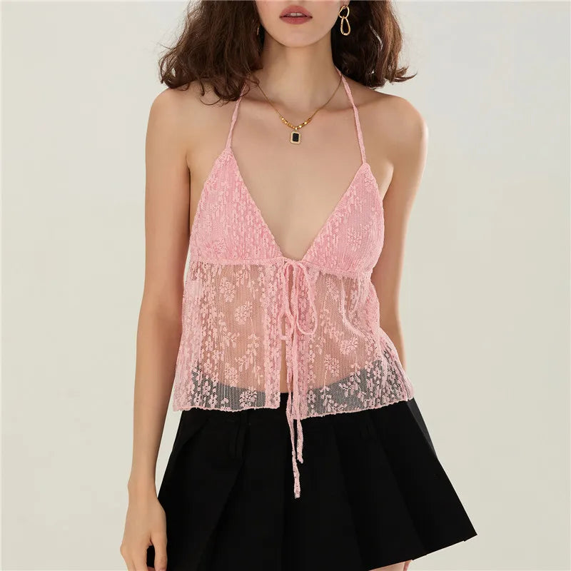 Summer Women Y2K Lace Shirt Sexy Halter Neck Deep V Neck Crop Top Tie Front Sleeveless Strappy Cami Shirt Streetwear