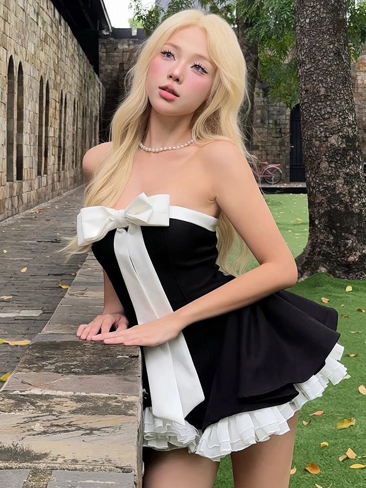 Bow Ribbon Dress 2-Piece Set Women Patchwork Strapless Ball Gown+Sweet Flares Tierred Skirt Elegant Birthday Outfits