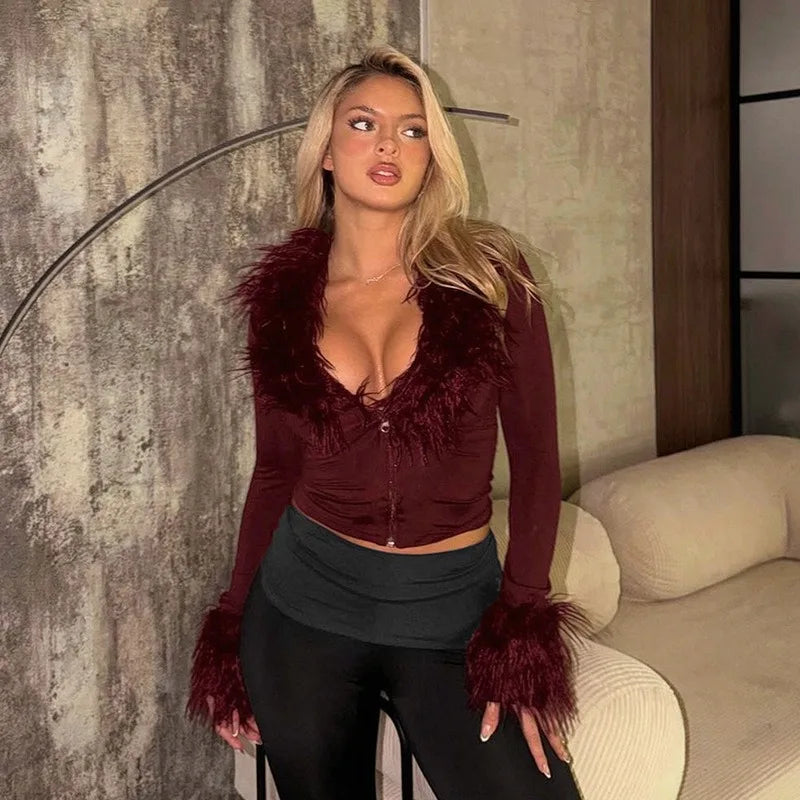 Zip Up Cardigan Long Sleeve Top with Fluffy Faux Fur Collar and Cuffs 2026 Fall Winter T Shirts Woman