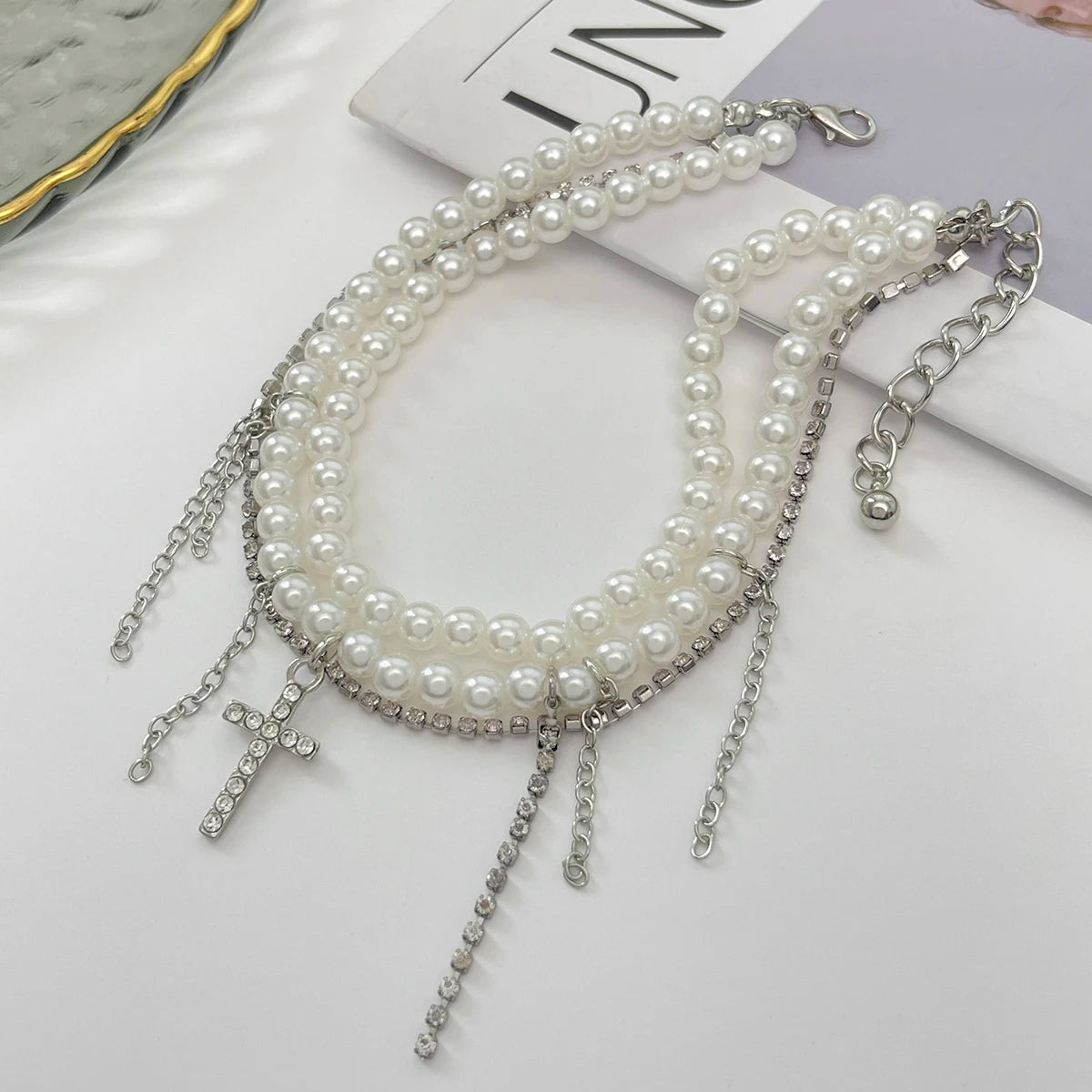 Unique Cross Rhinestone Tassels Pendant Anklet Women Elegant Multilayer Imitation Pearl Foot Chain Summer Charm Jewelry