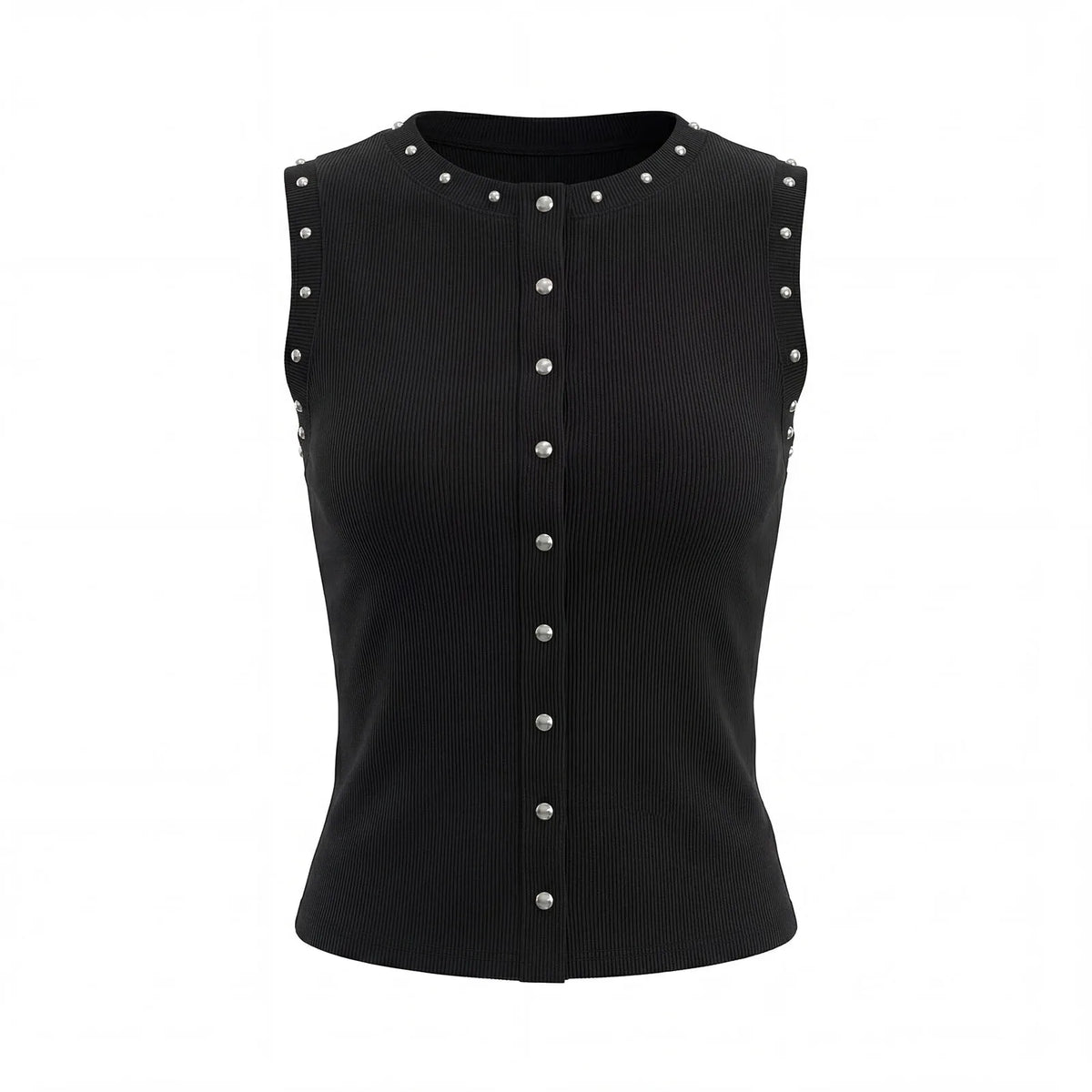Women Cowgirl Style Studded Sleeveless Tank Top Ribbed Knit Button Front Slim Fit Vest for Summer Casual Streetwear