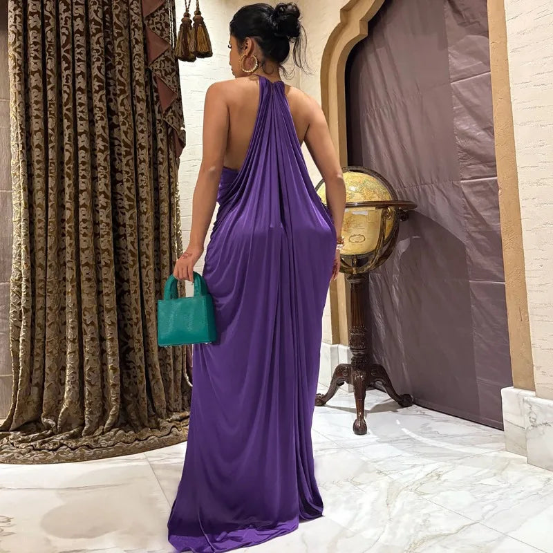 Draped Halterneck High Slit Long Party Dresses Sexy Purple Evening Gown 2026 Summer Maxi Dresses Woman