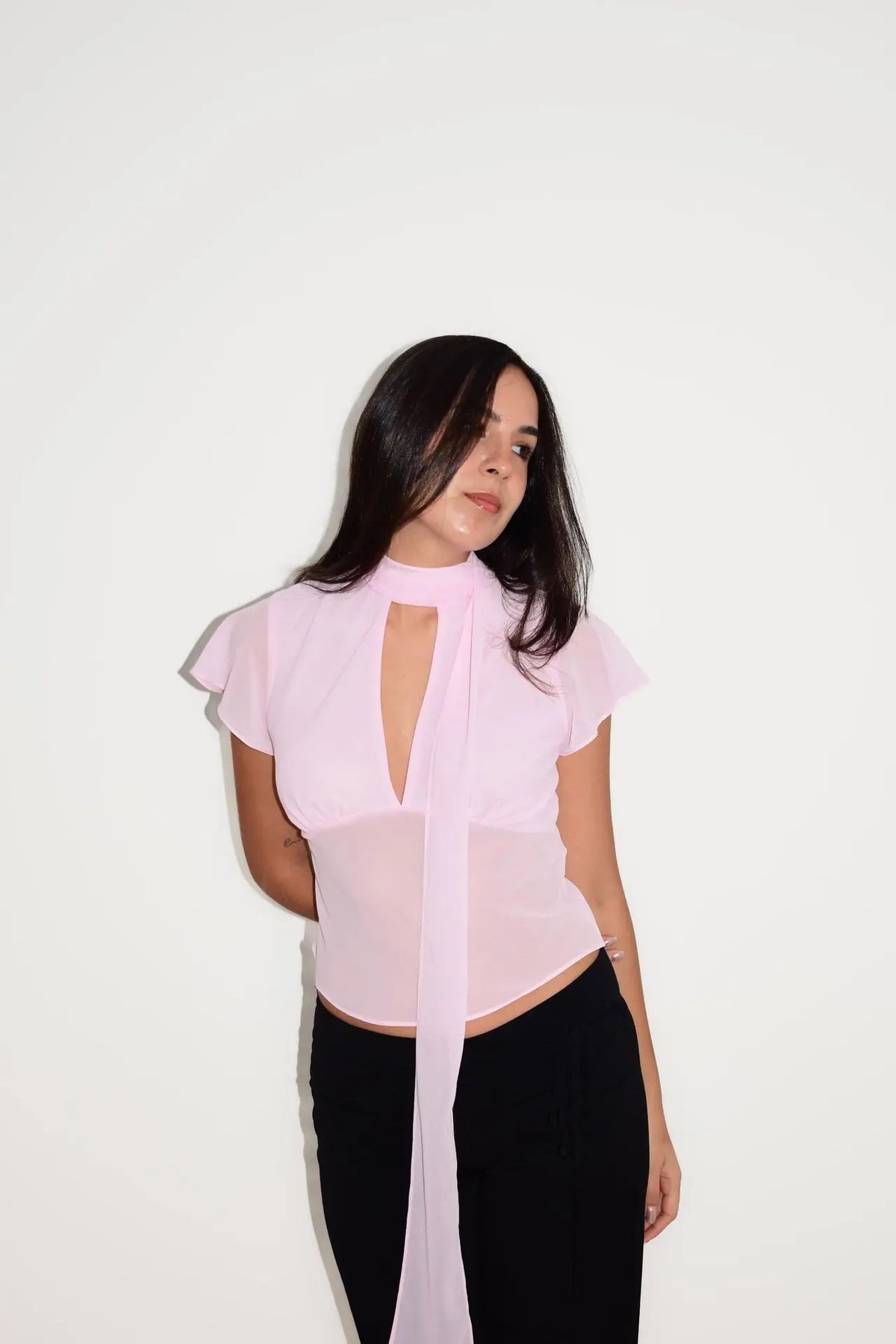 Black Sheer Mesh Blouses and Shirts for Woman Keyhole Bow Tie Flutter Sleeve Top Fashion 2026 Woman