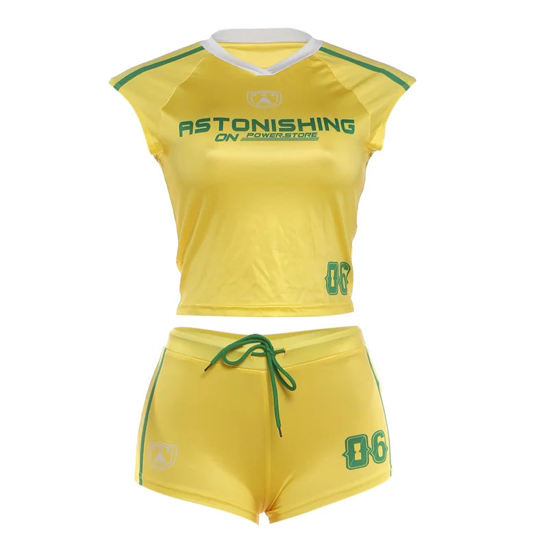 Daily 2 Piece Set Woman Casual Sporty Letter Print V-Neck Shape Waist Tank Tops+Drawstring Shorts Fashion Style Suits