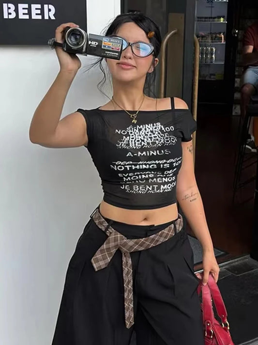 See Through T-Shirts Women Letter Print Elastic Wide Collar Hottie Street Midnight Sexy Daily Simple Classic Crop Top