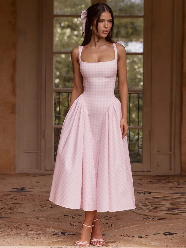 Square Neck Sleeveless Backless A-line Long Dresses Princess Style Pink Plaid Dress Summer Elegant