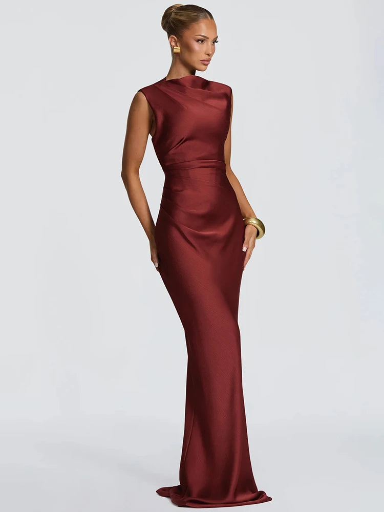 Satin Cowl Neck Mermaid Maxi Dress Women Elegant Sleeveless Draped Ruched Bodycon Long Evening Party Gown Vestidos