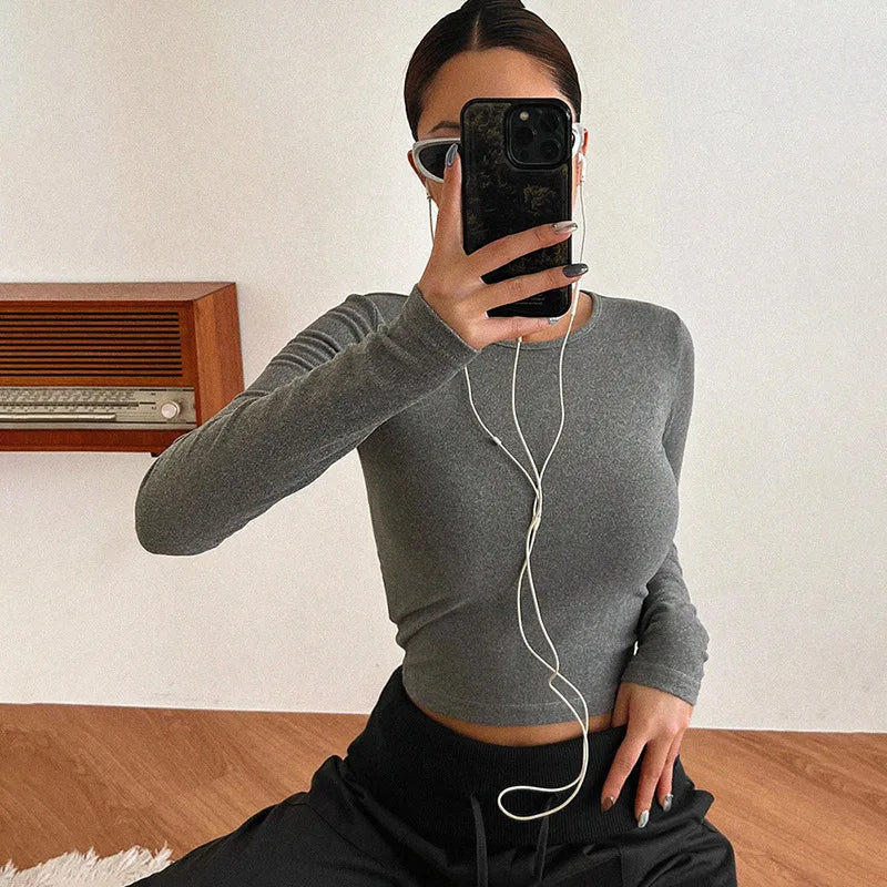 Basic Casual Tshirt Woman Long Sleeve Fitted Crop Top Fall Winter Clothes Ladies Tops