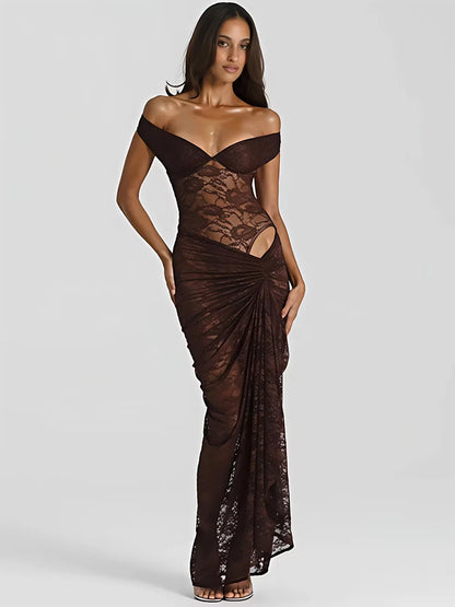 Lace See Through Sexy Two Piece Set Women Elegant Off-shoulder Backless Bodysuit And Maxi Skirt Matching Club Dress Set