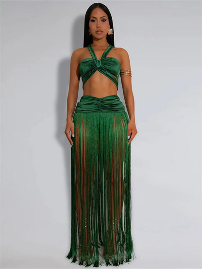 Sexy Fashion 2 Piece Set Women Cross Bandage Backless Irregular Tank Tops+Tassel Patchwork Long Skirts Wild Style Set